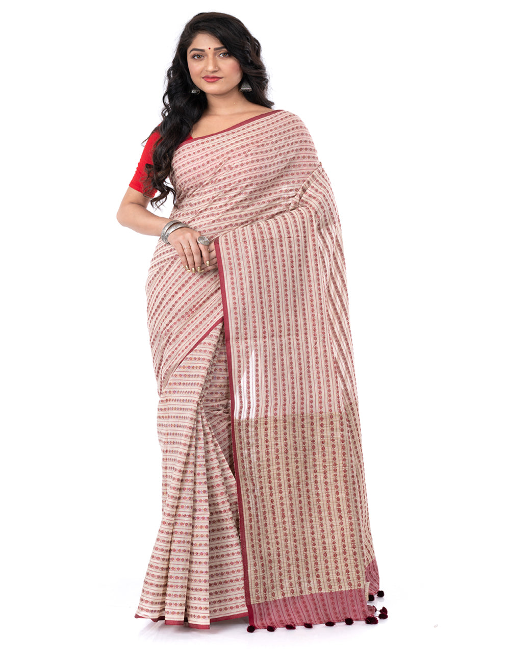 Brown offwhite handloom bengal cotton tangail saree