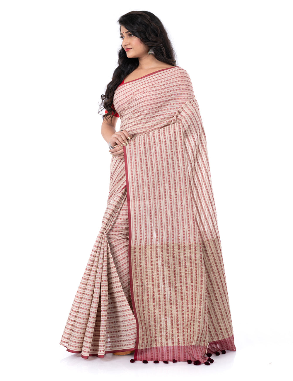 Brown offwhite handloom bengal cotton tangail saree