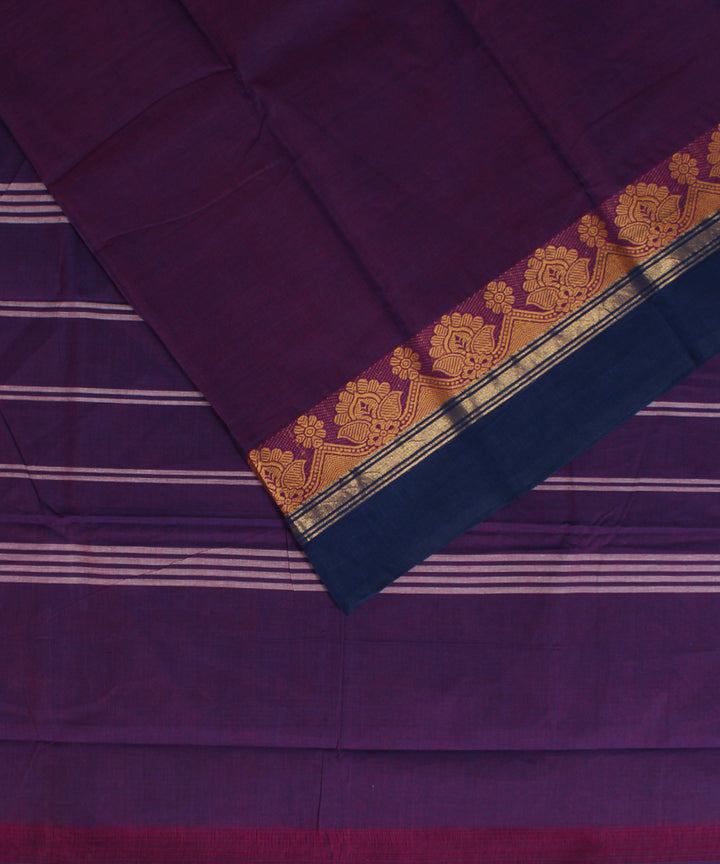 Purple blue border cotton handwoven chettinadu saree