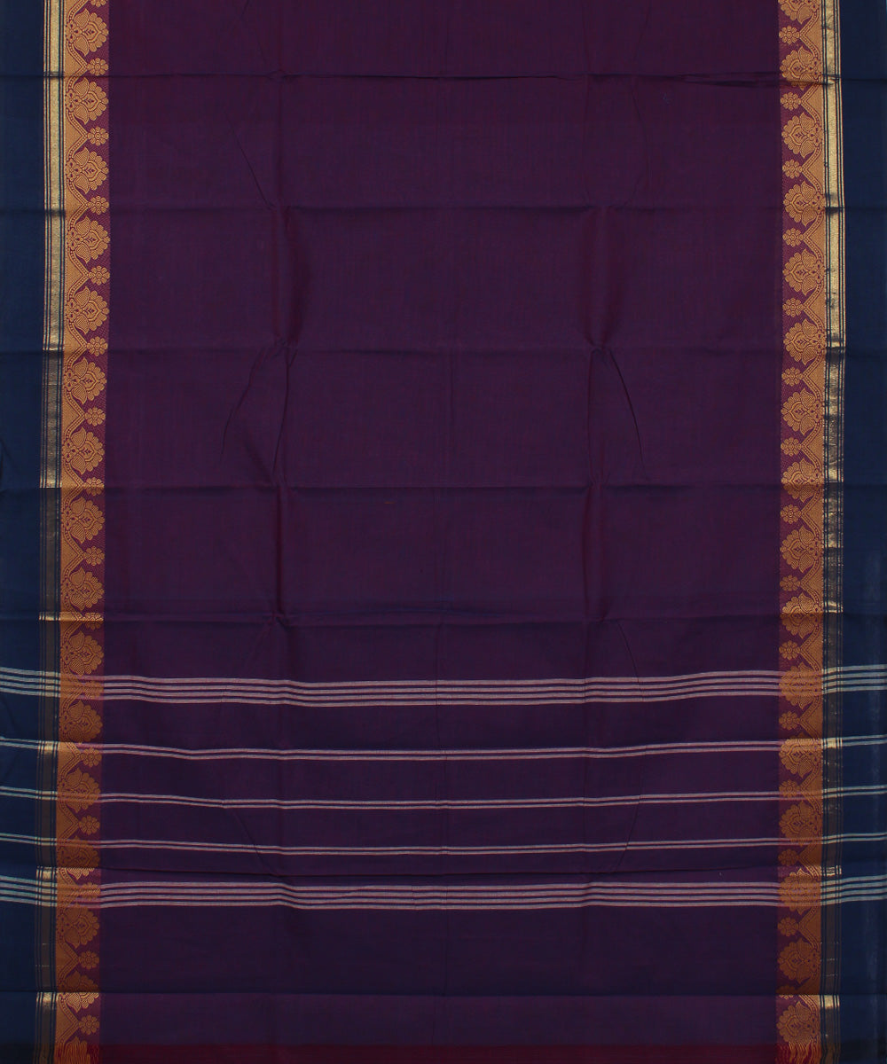 Purple blue border cotton handwoven chettinadu saree