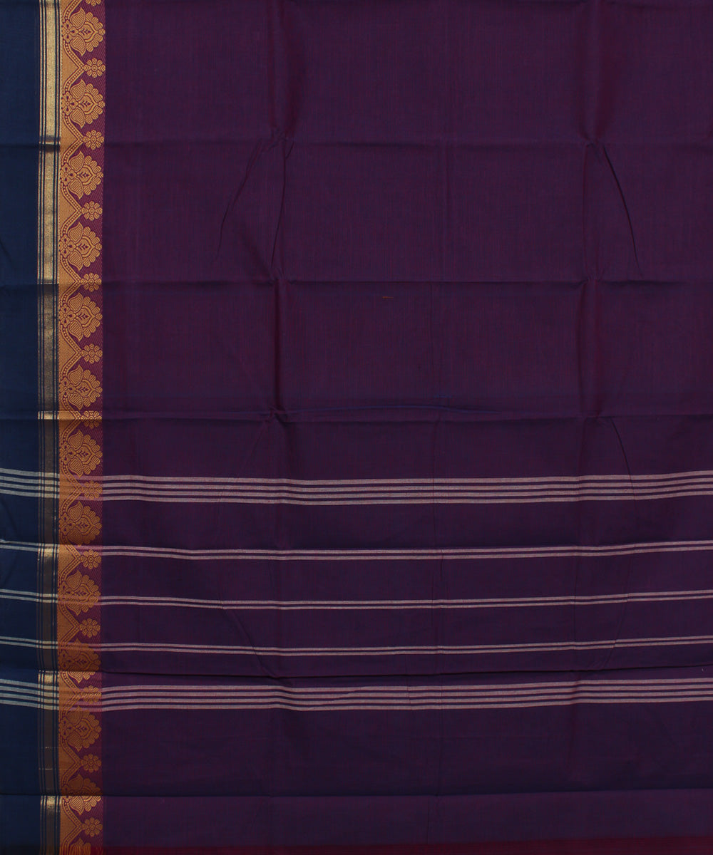 Purple blue border cotton handwoven chettinadu saree