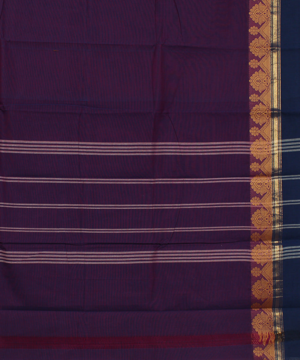 Purple blue border cotton handwoven chettinadu saree