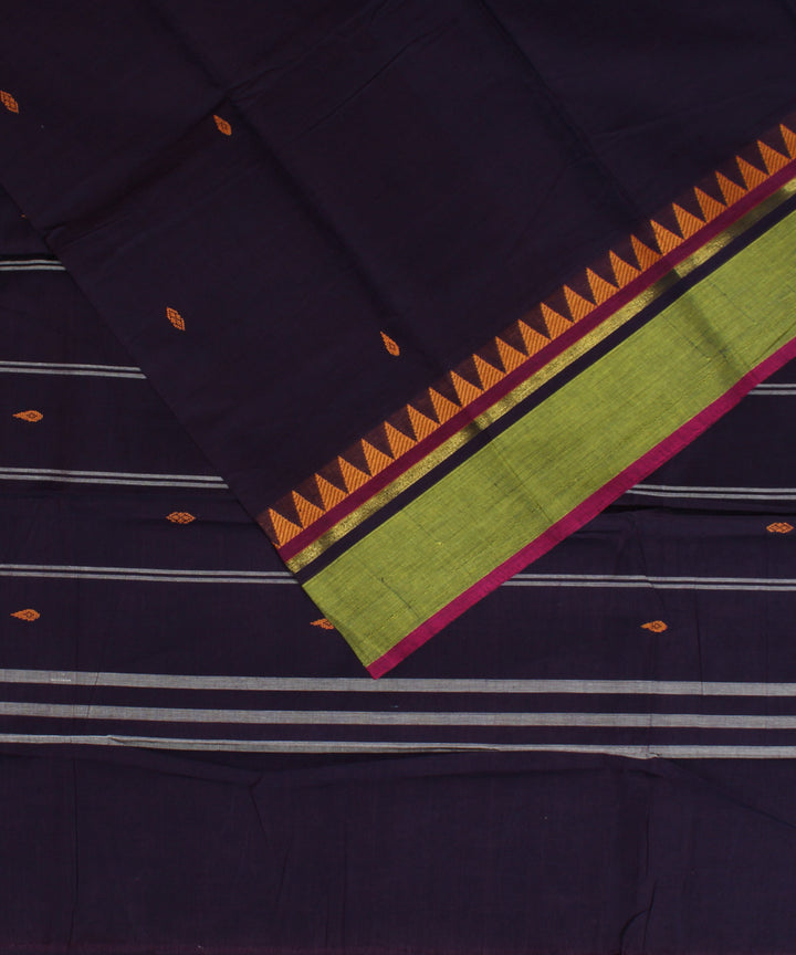 Navy blue lime green border cotton handwoven chettinadu saree