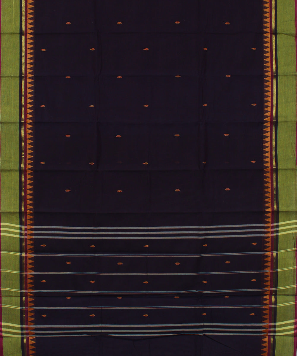 Navy blue lime green border cotton handwoven chettinadu saree