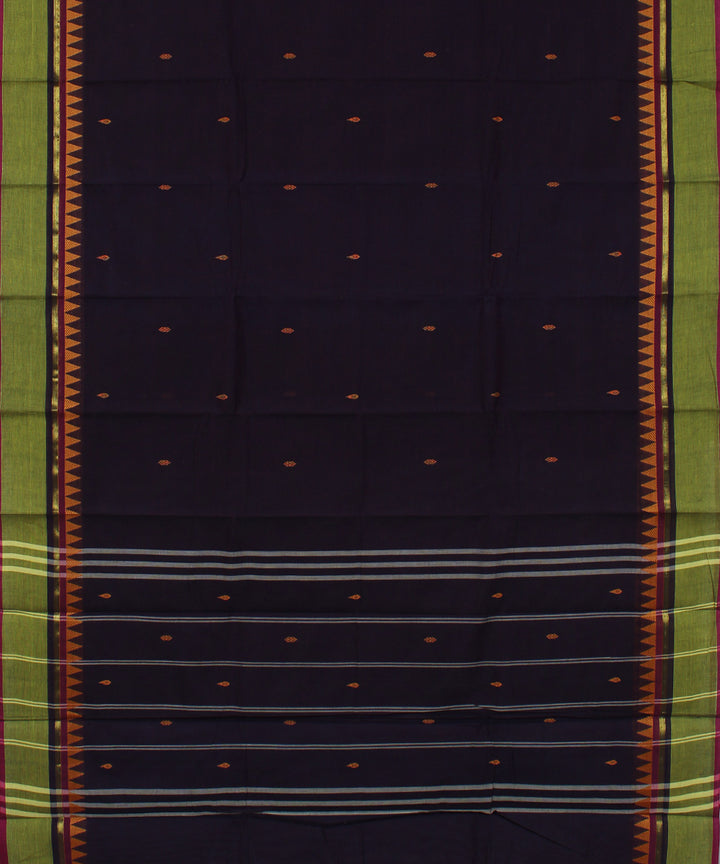 Navy blue lime green border cotton handwoven chettinadu saree