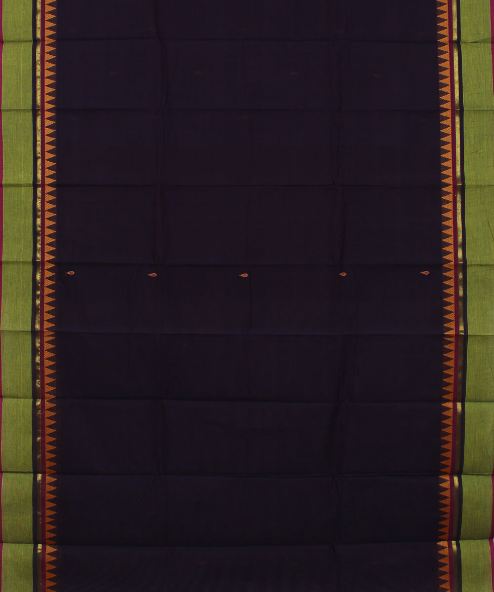 Navy blue lime green border cotton handwoven chettinadu saree