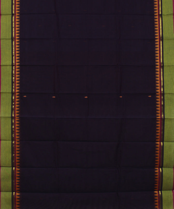 Navy blue lime green border cotton handwoven chettinadu saree