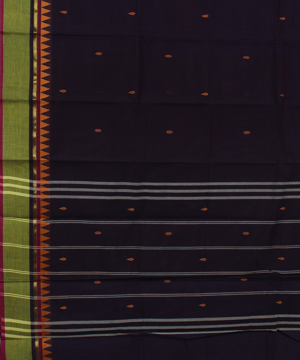 Navy blue lime green border cotton handwoven chettinadu saree