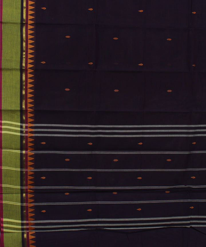 Navy blue lime green border cotton handwoven chettinadu saree