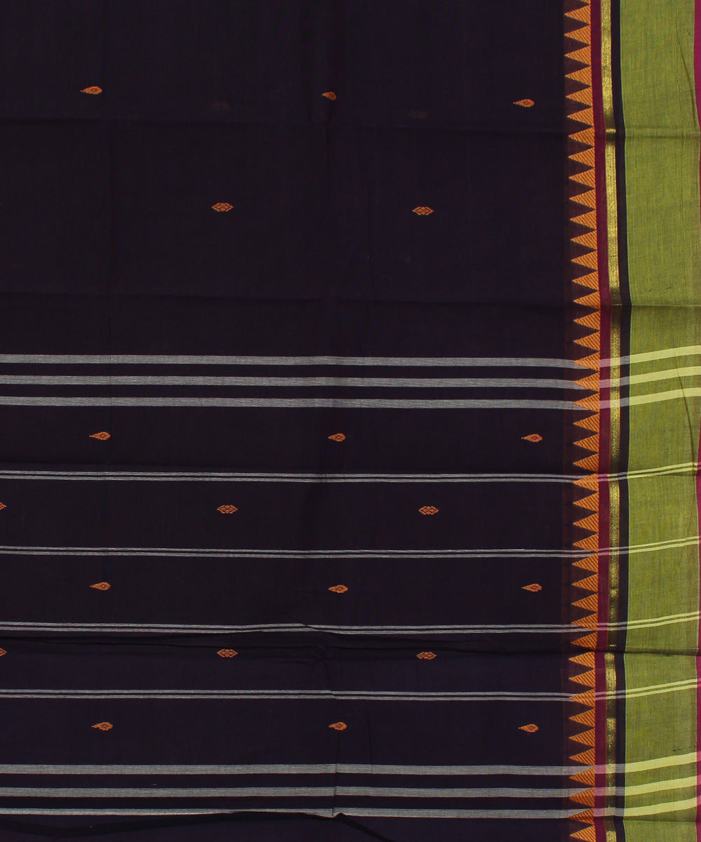 Navy blue lime green border cotton handwoven chettinadu saree