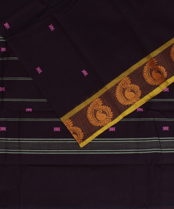 Brown yellow border cotton handwoven chettinadu saree