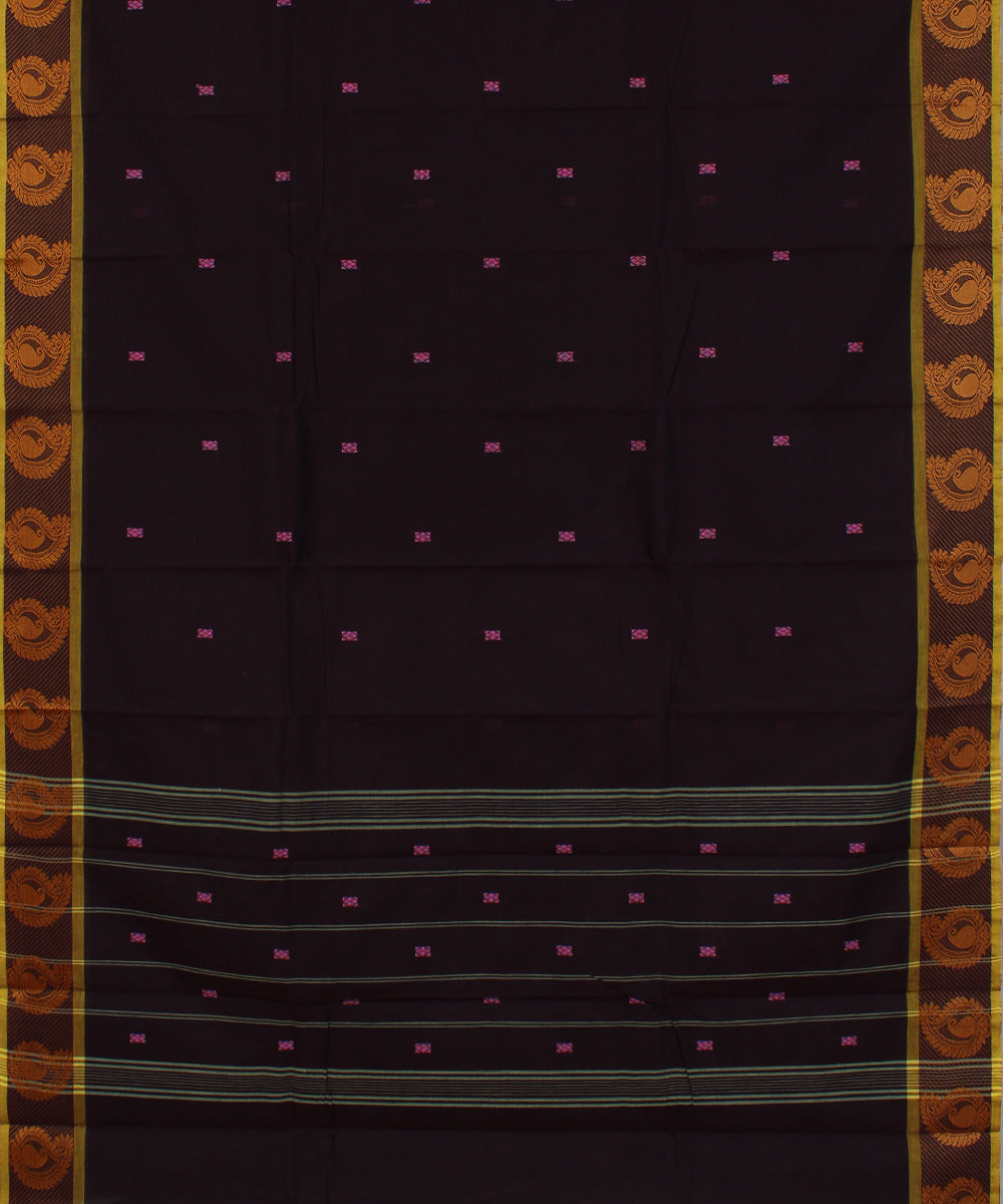 Brown yellow border cotton handwoven chettinadu saree