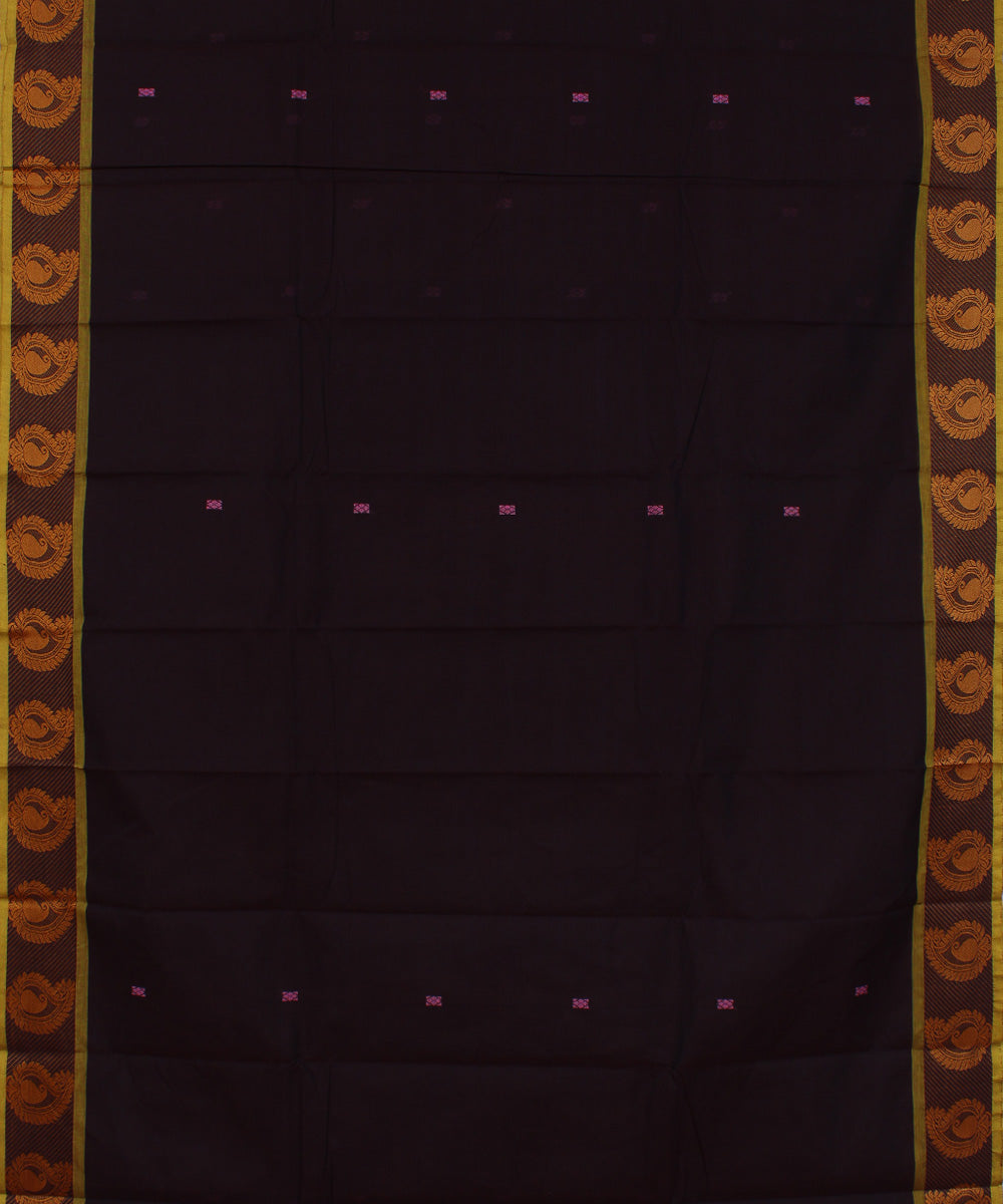 Brown yellow border cotton handwoven chettinadu saree
