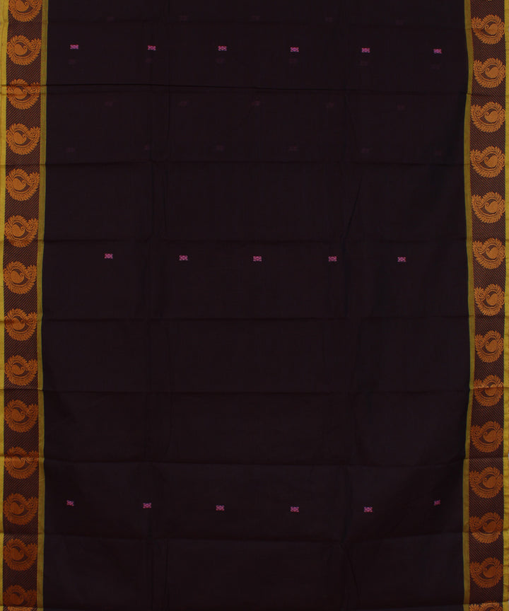 Brown yellow border cotton handwoven chettinadu saree