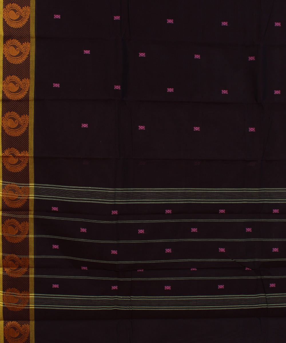 Brown yellow border cotton handwoven chettinadu saree