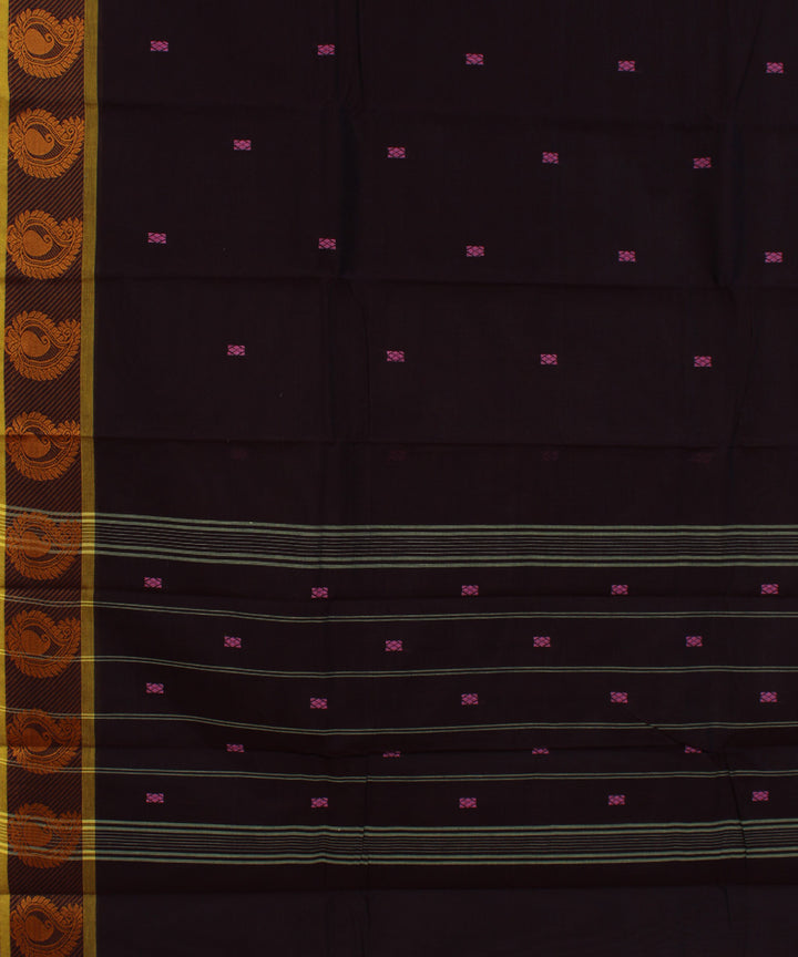 Brown yellow border cotton handwoven chettinadu saree
