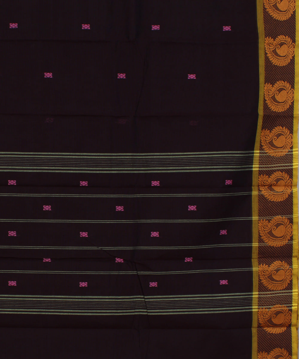 Brown yellow border cotton handwoven chettinadu saree