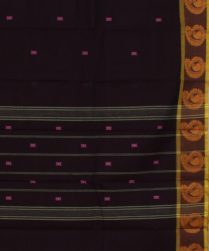 Brown yellow border cotton handwoven chettinadu saree