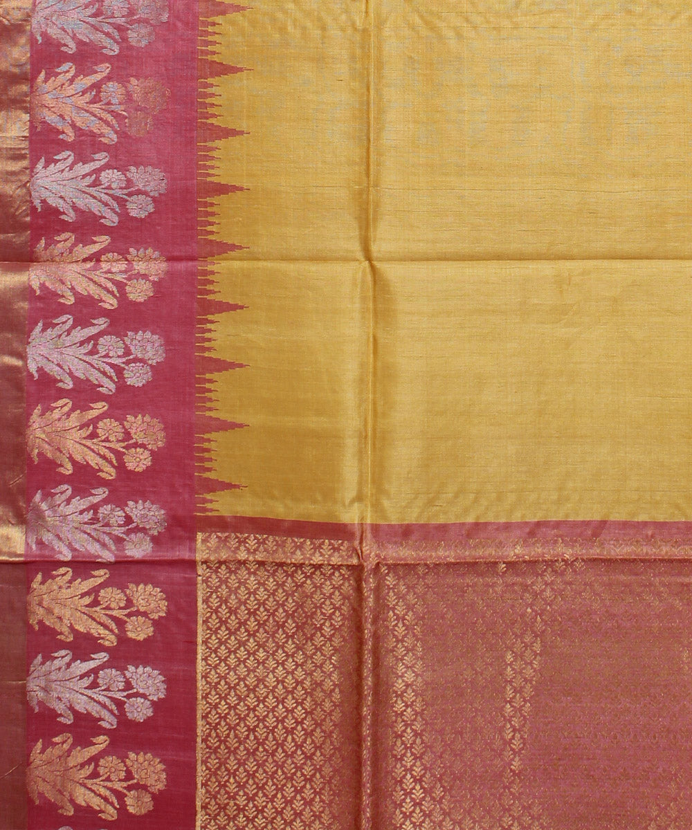 Yellow pink handloom kosa tussar silk saree