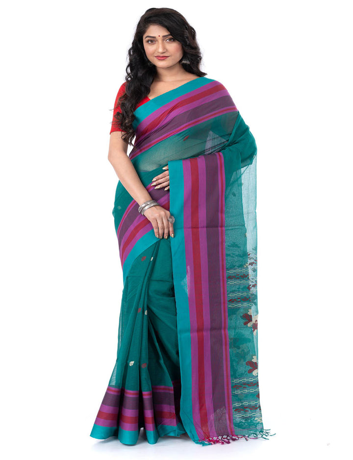 Dark green handwoven bengal cotton tangail saree