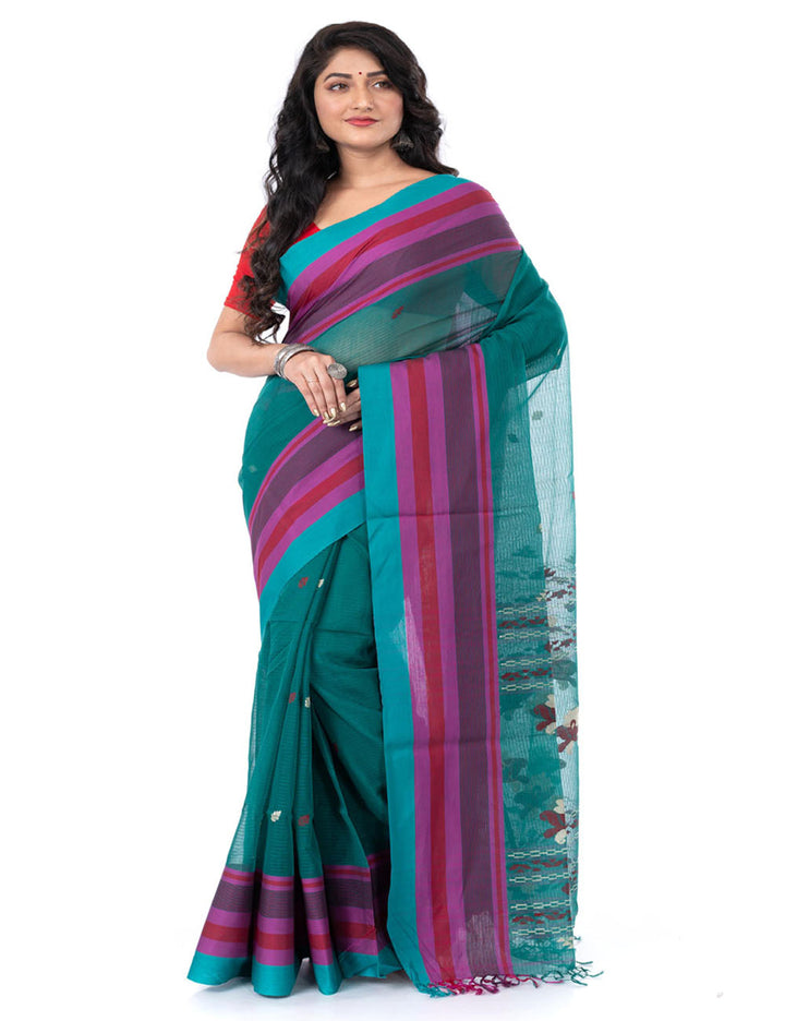 Dark green handwoven bengal cotton tangail saree