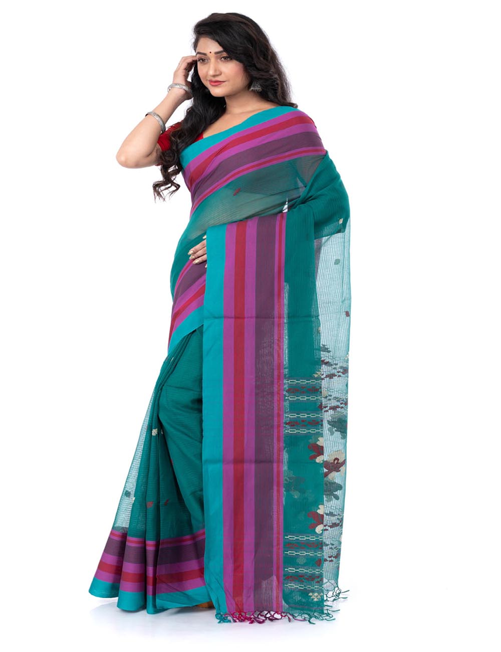 Dark green handwoven bengal cotton tangail saree