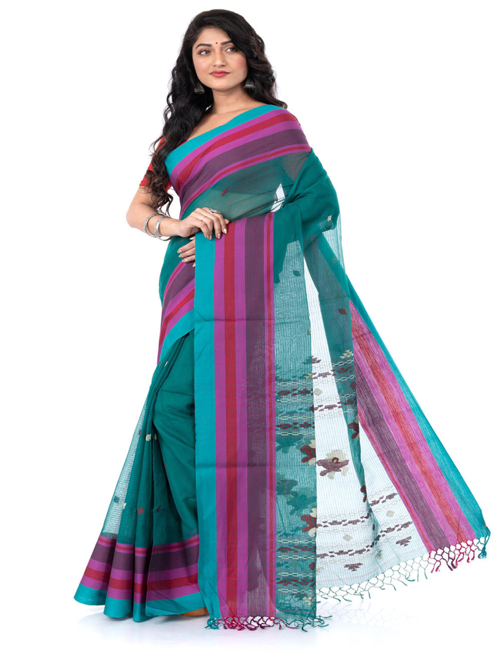 Dark green handwoven bengal cotton tangail saree