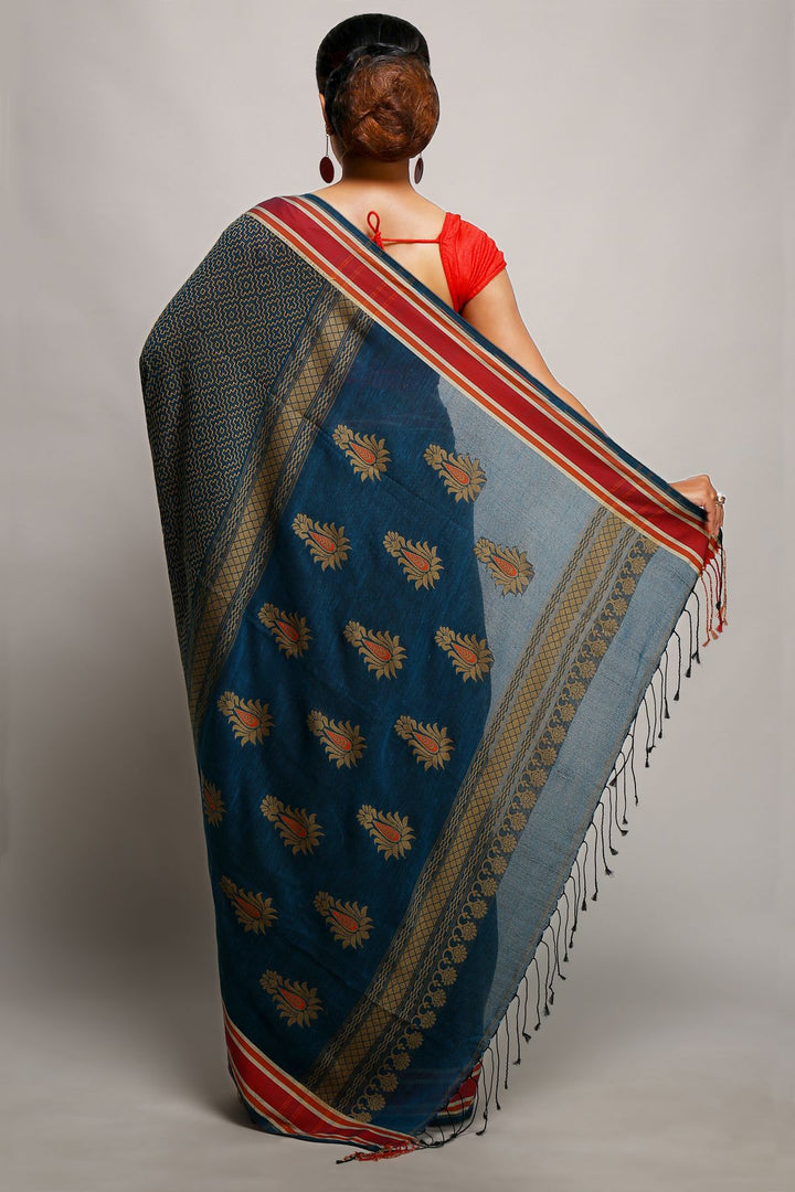 Grey blue handwoven cotton bengal saree