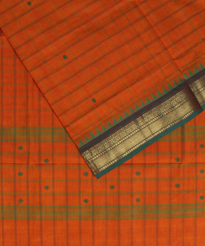 Orange green checks cotton handwoven chettinadu saree