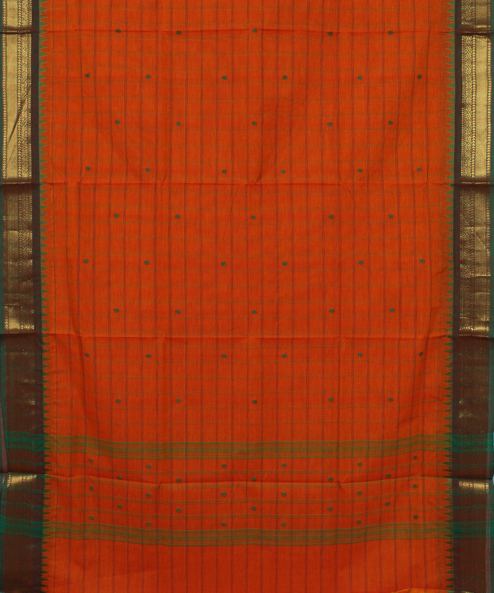 Orange green checks cotton handwoven chettinadu saree