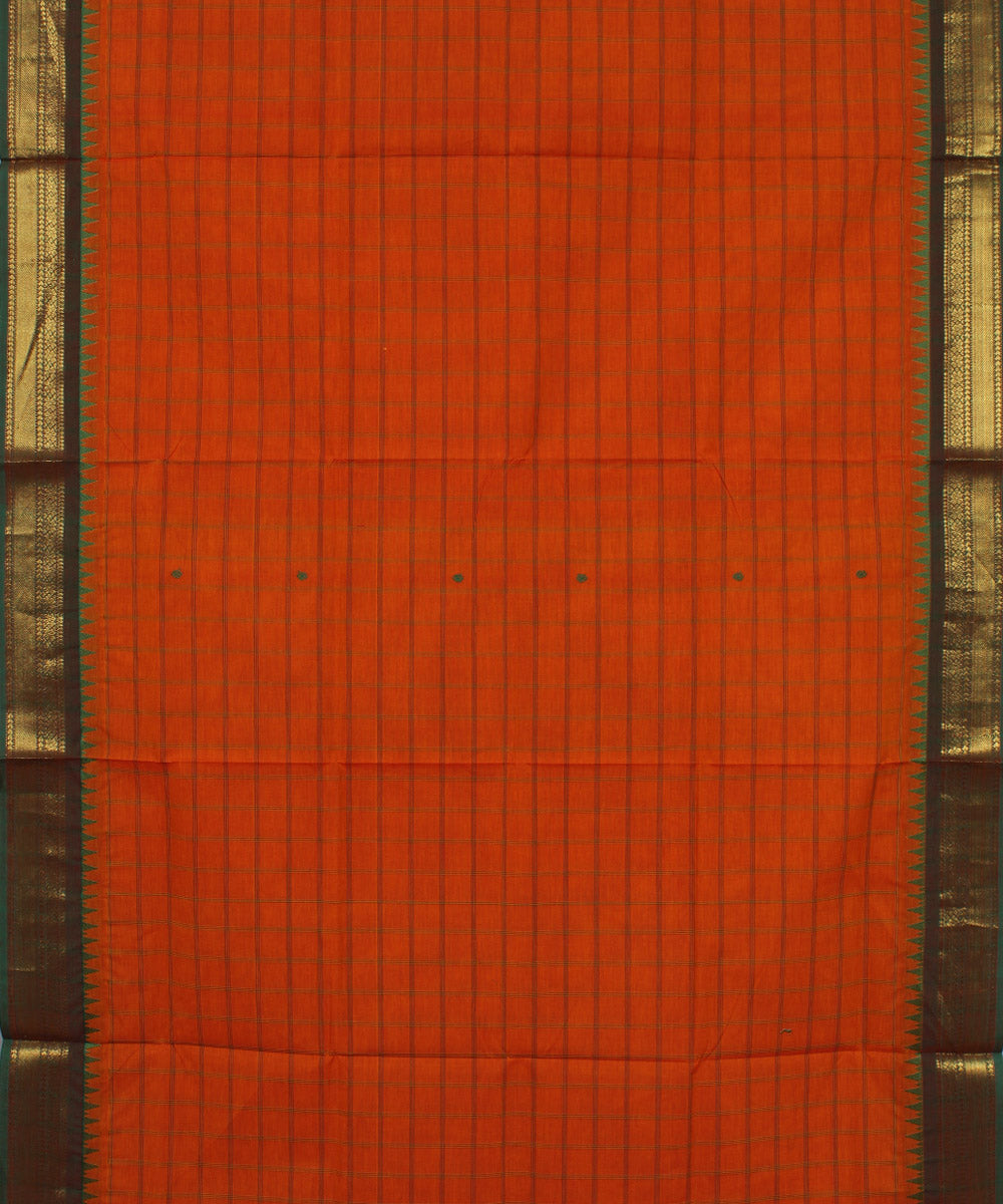 Orange green checks cotton handwoven chettinadu saree