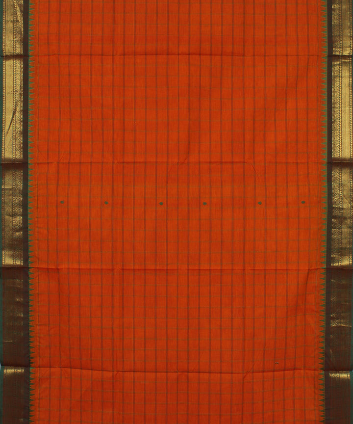 Orange green checks cotton handwoven chettinadu saree