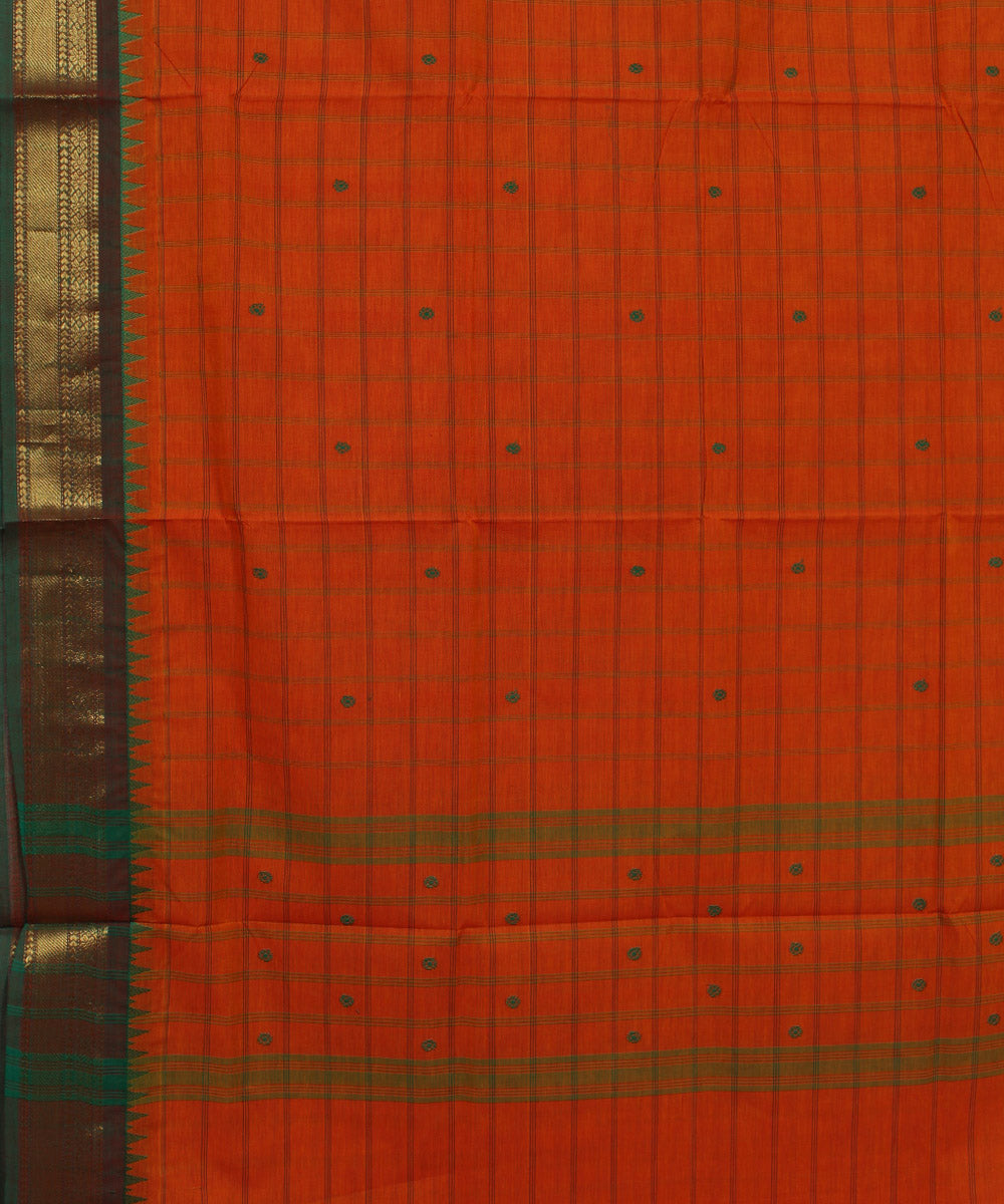 Orange green checks cotton handwoven chettinadu saree