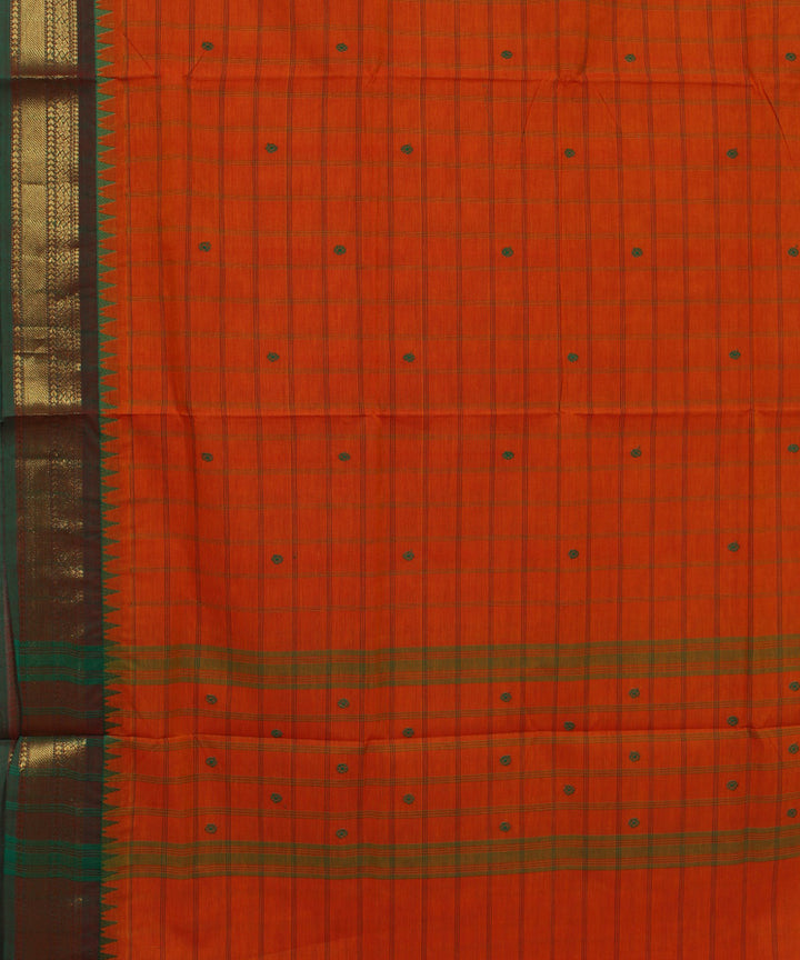 Orange green checks cotton handwoven chettinadu saree