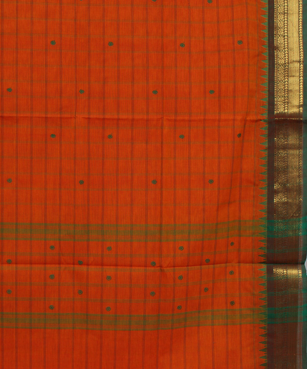 Orange green checks cotton handwoven chettinadu saree