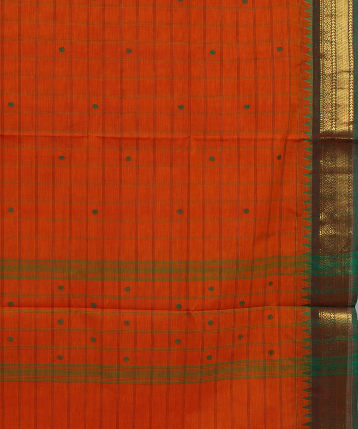 Orange green checks cotton handwoven chettinadu saree