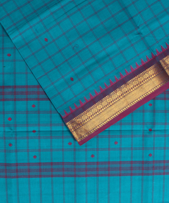 Sky blue purple checks cotton handwoven chettinadu saree