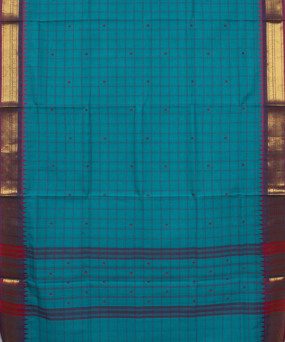 Sky blue purple checks cotton handwoven chettinadu saree