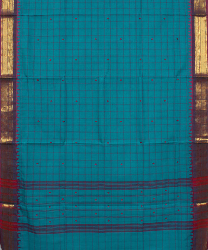 Sky blue purple checks cotton handwoven chettinadu saree