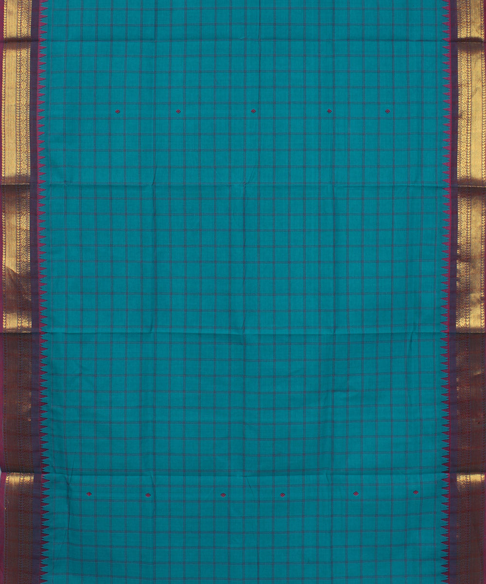 Sky blue purple checks cotton handwoven chettinadu saree