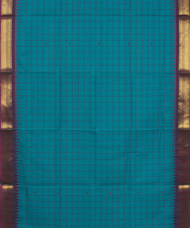 Sky blue purple checks cotton handwoven chettinadu saree