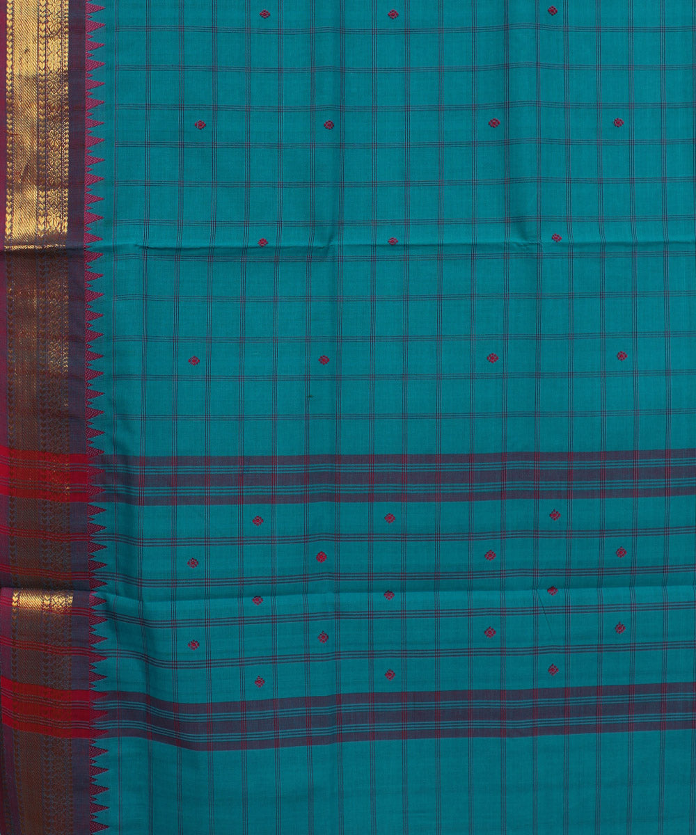Sky blue purple checks cotton handwoven chettinadu saree
