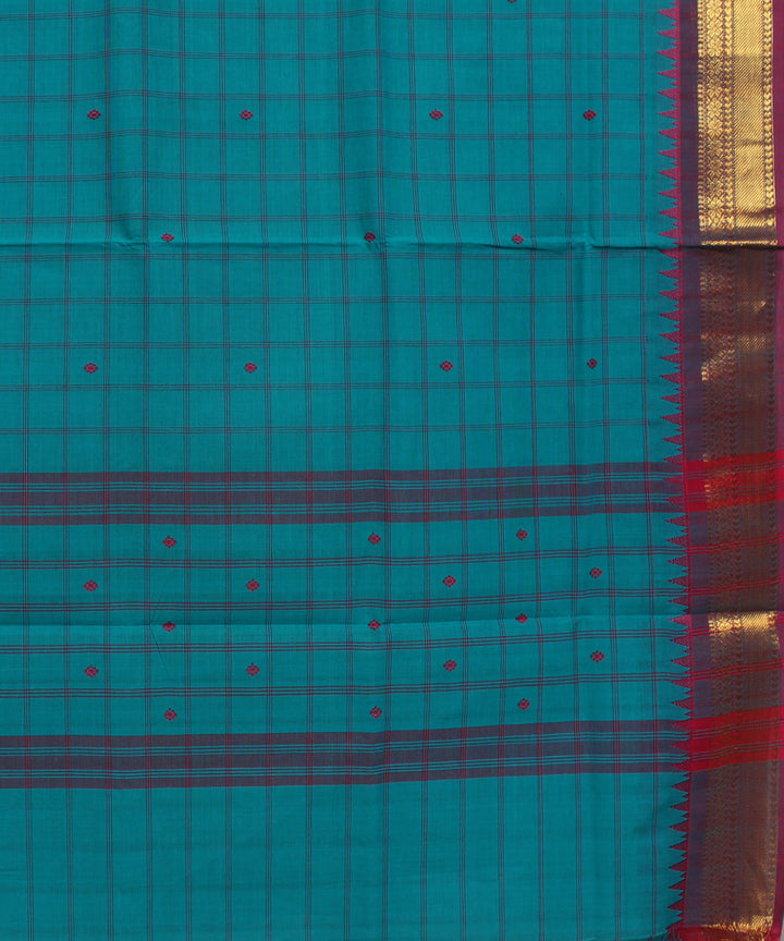 Sky blue purple checks cotton handwoven chettinadu saree