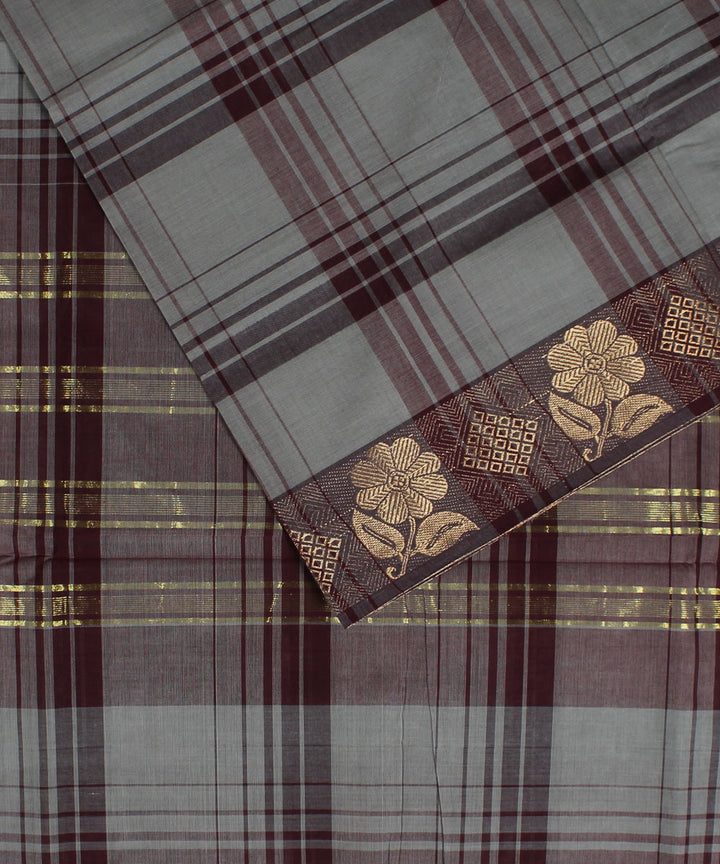 Grey broad checks cotton handwoven chettinadu saree