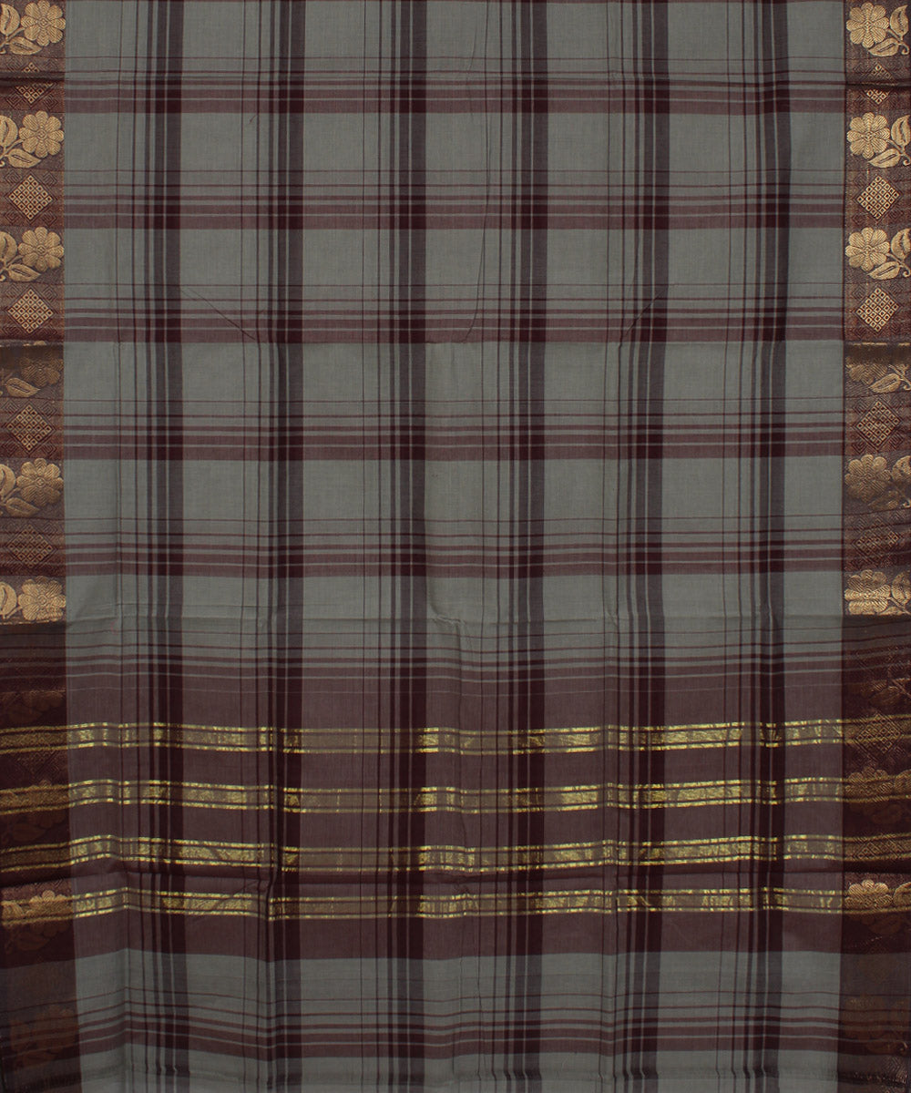 Grey broad checks cotton handwoven chettinadu saree