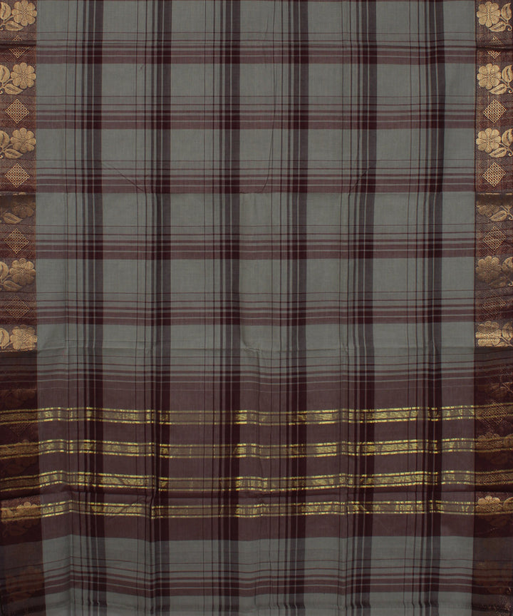Grey broad checks cotton handwoven chettinadu saree