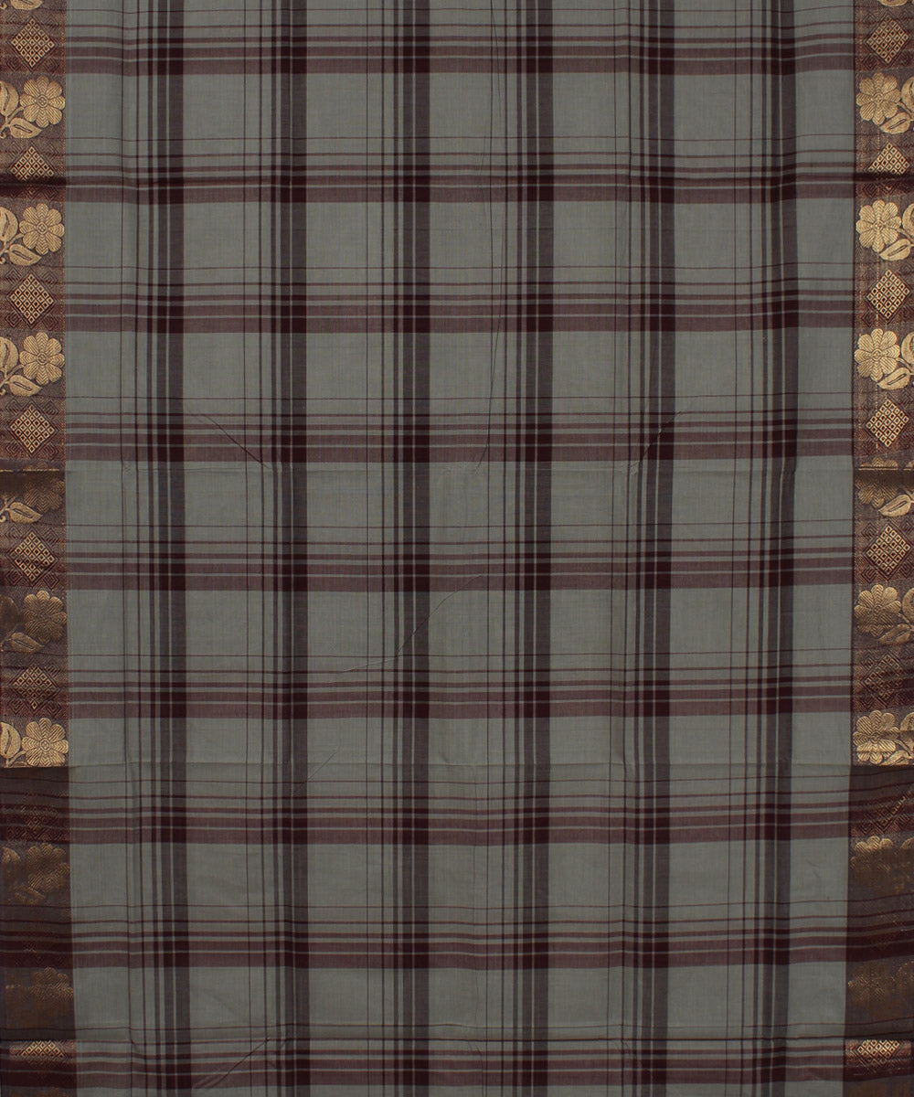 Grey broad checks cotton handwoven chettinadu saree