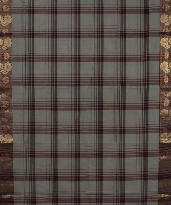 Grey broad checks cotton handwoven chettinadu saree