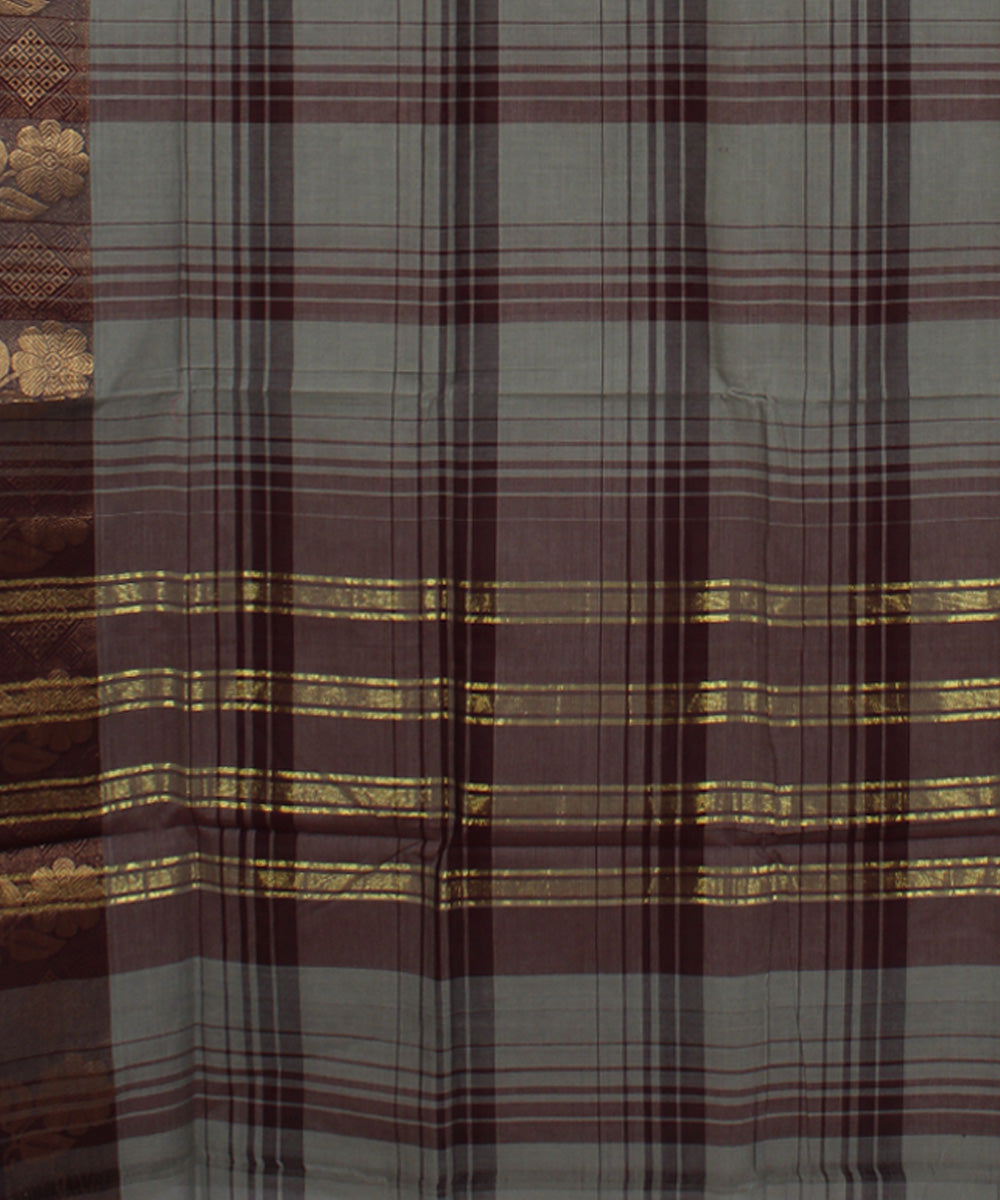Grey broad checks cotton handwoven chettinadu saree