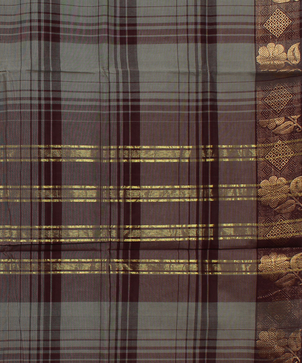 Grey broad checks cotton handwoven chettinadu saree